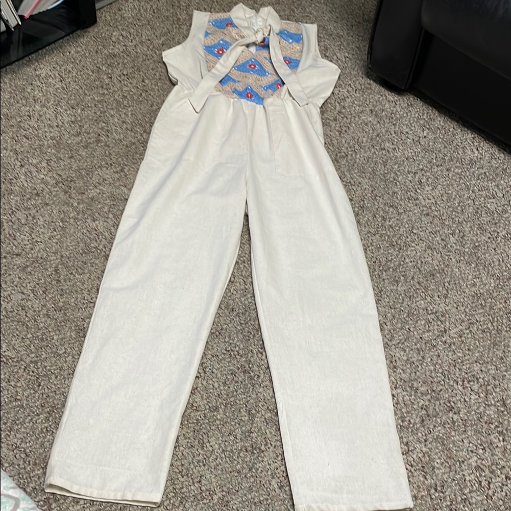 Vintage 70s/80s Crochet Top Tie Neck One Pc Jumpsuit With Pockets
